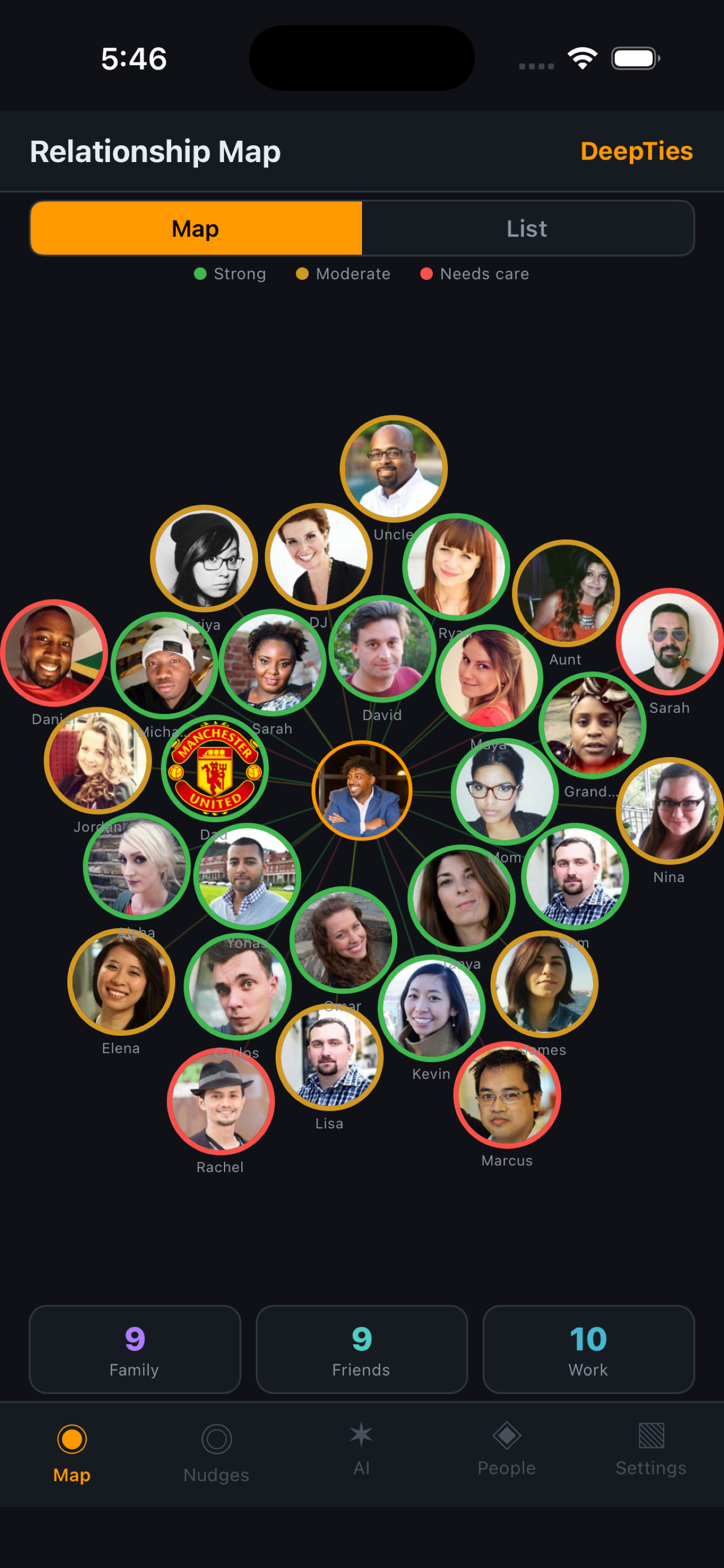 Yenesow personal CRM relationship map showing AI health scores for family, friends, and professional contacts